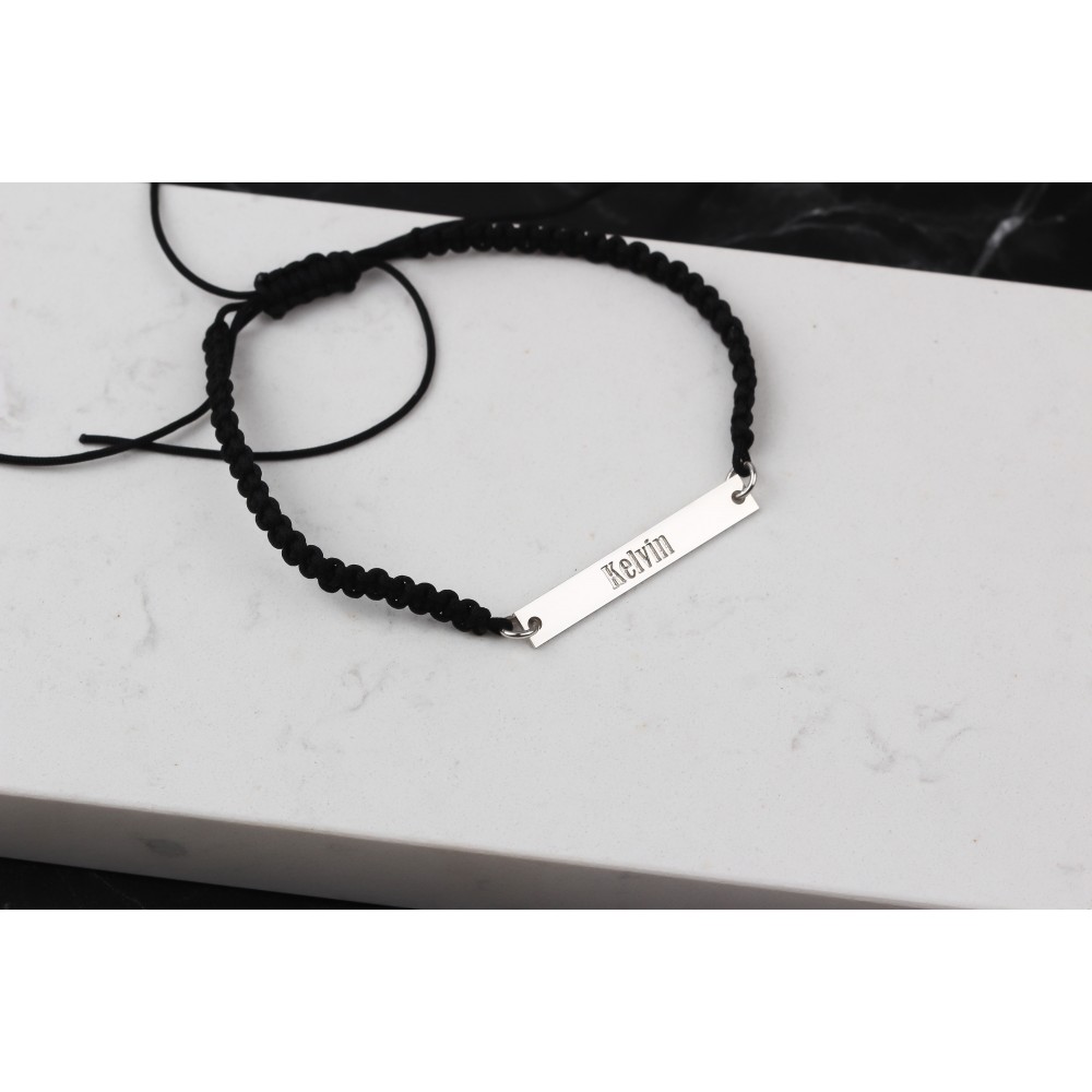 Glorria 925k Sterling Silver Men Personalized Black Corded Name Bar Sterling Silver Bracelet Glorria 925k Sterling Silver Men Personalized Black Corded Name Bar Sterling Silver Bracelet