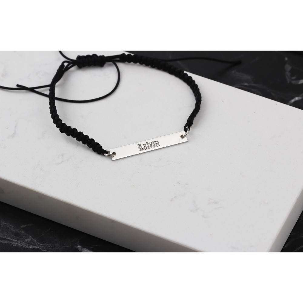 Glorria 925k Sterling Silver Men Personalized Black Corded Name Bar Sterling Silver Bracelet Glorria 925k Sterling Silver Men Personalized Black Corded Name Bar Sterling Silver Bracelet