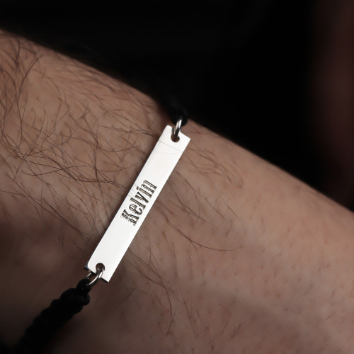 Glorria 925k Sterling Silver Men Personalized Black Corded Name Bar Sterling Silver Bracelet Glorria 925k Sterling Silver Men Personalized Black Corded Name Bar Sterling Silver Bracelet