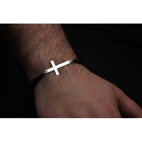 Glorria 925k Sterling Silver Men Black Corded Cross Sterling Silver Bracelet Glorria 925k Sterling Silver Men Black Corded Cross Sterling Silver Bracelet