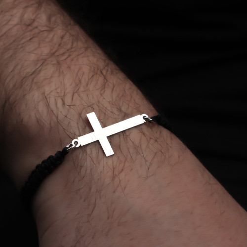 Glorria 925k Sterling Silver Men Black Corded Cross Sterling Silver Bracelet