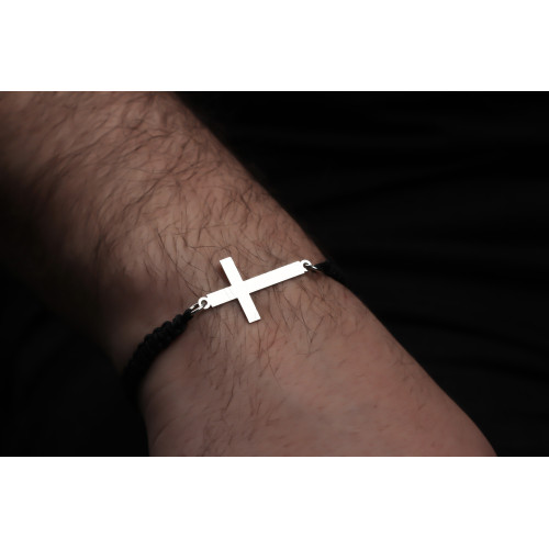 Glorria 925k Sterling Silver Men Black Corded Cross Sterling Silver Bracelet Glorria 925k Sterling Silver Men Black Corded Cross Sterling Silver Bracelet