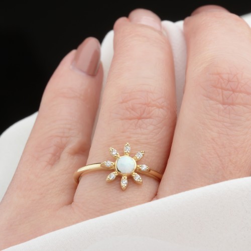 Glorria 14k Solid Gold Stone-Set Enamel Flower Ring