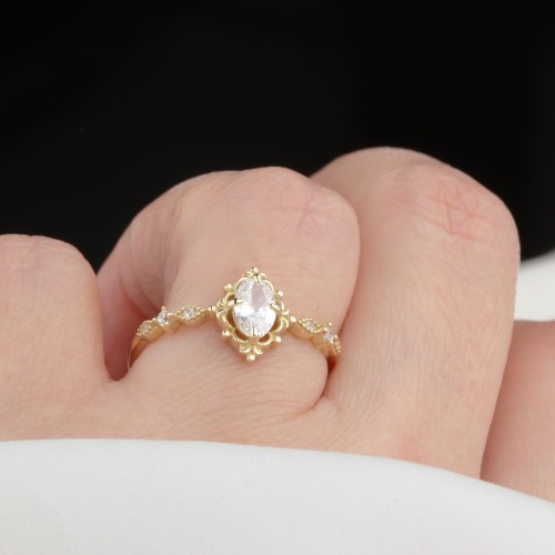Glorria 14k Solid Gold Stone-Set Retro Ring