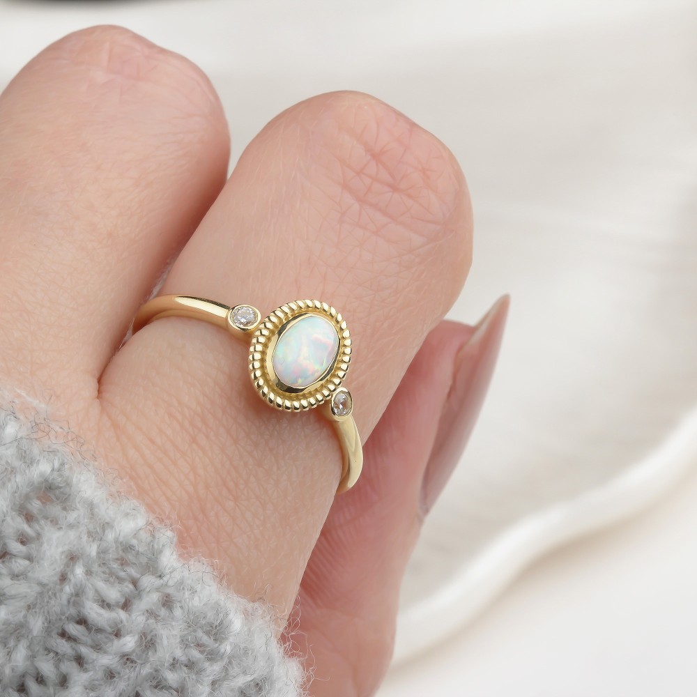 Glorria 14k Solid Gold White Opal Stone Retro Ring