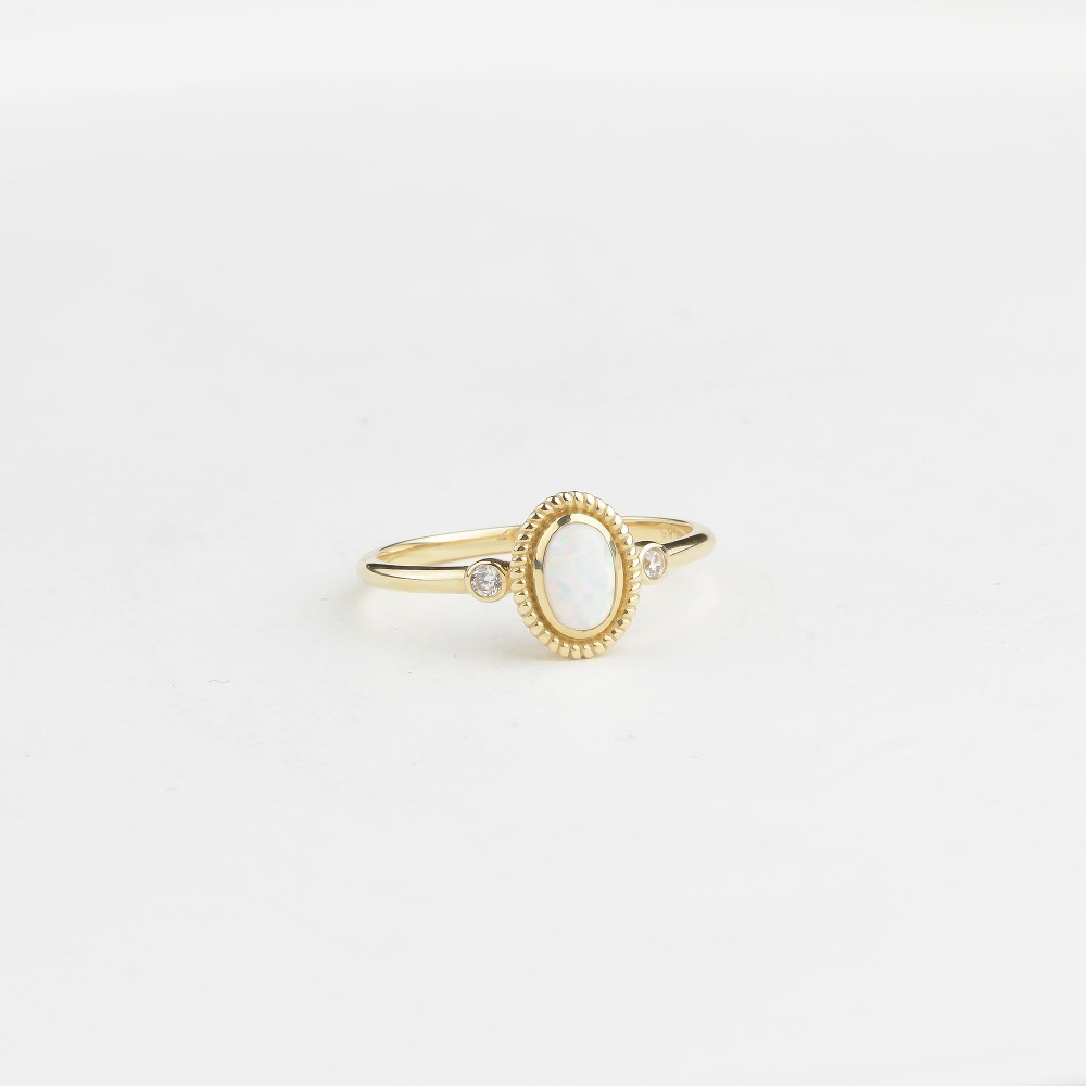 Glorria 14k Solid Gold White Opal Stone Retro Ring