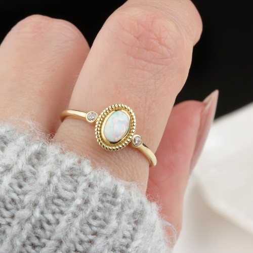 Glorria 14k Solid Gold White Opal Stone Retro Ring