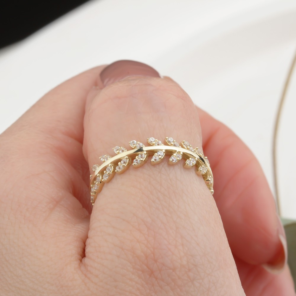 Glorria 14k Solid Gold Stone-Set Leaf Ring