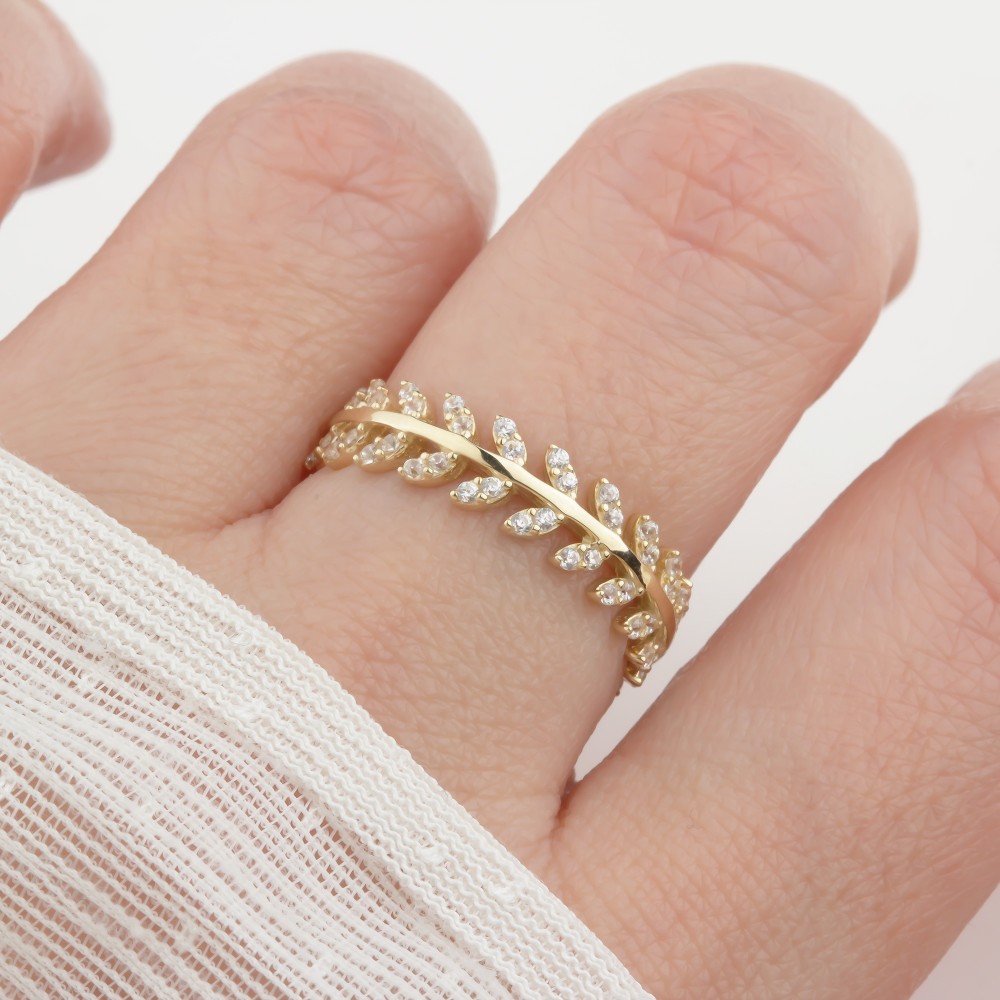 Glorria 14k Solid Gold Stone-Set Leaf Ring