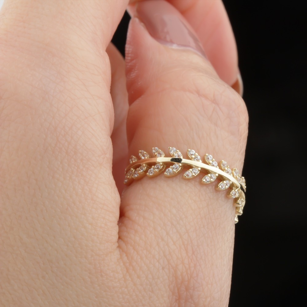 Glorria 14k Solid Gold Stone-Set Leaf Ring