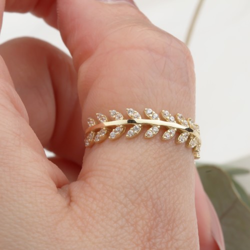 Glorria 14k Solid Gold Stone-Set Leaf Ring