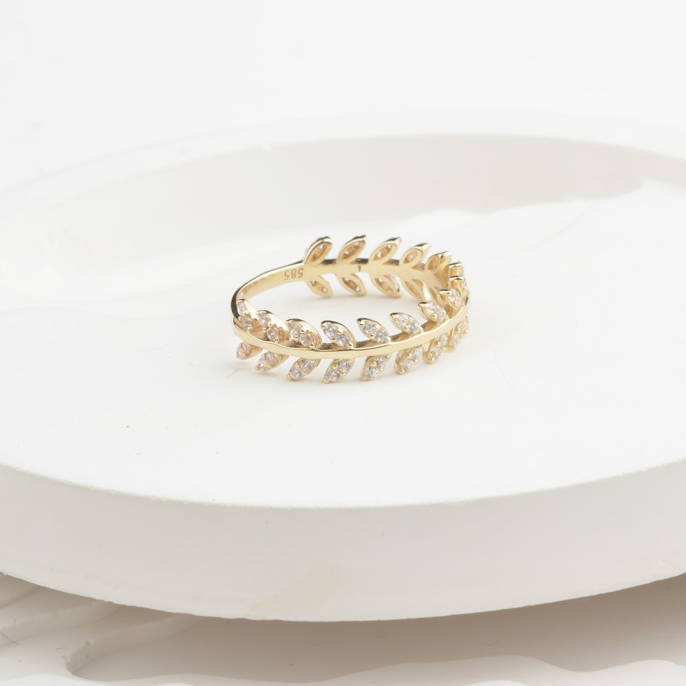 Glorria 14k Solid Gold Stone-Set Leaf Ring