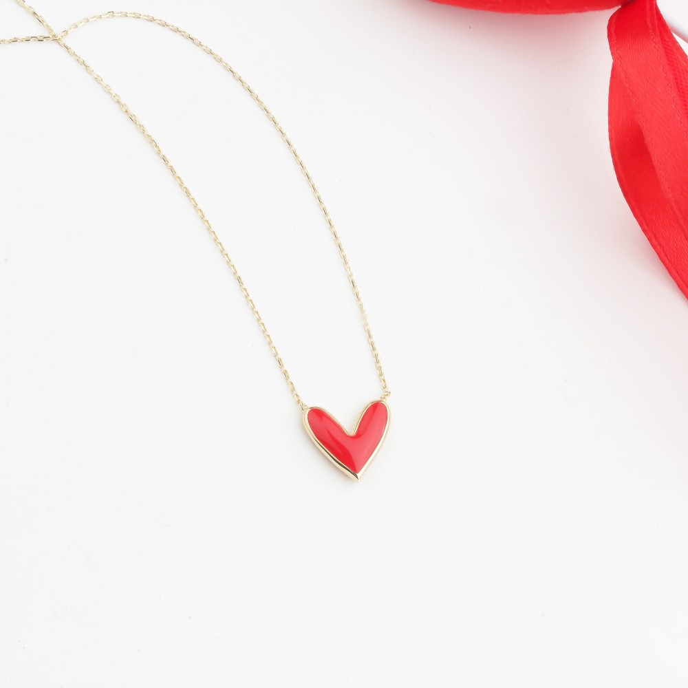 Glorria 14k Solid Gold Red Enamel Heart Necklace