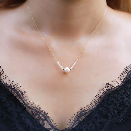 Glorria 14k Solid Gold Ball Pearl Necklace