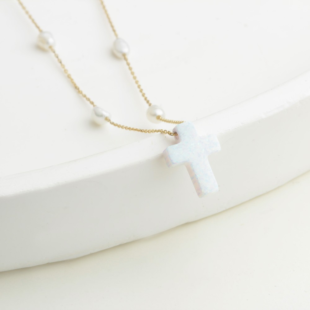 Glorria 14k Solid Gold Opal Cross Pearl Necklace