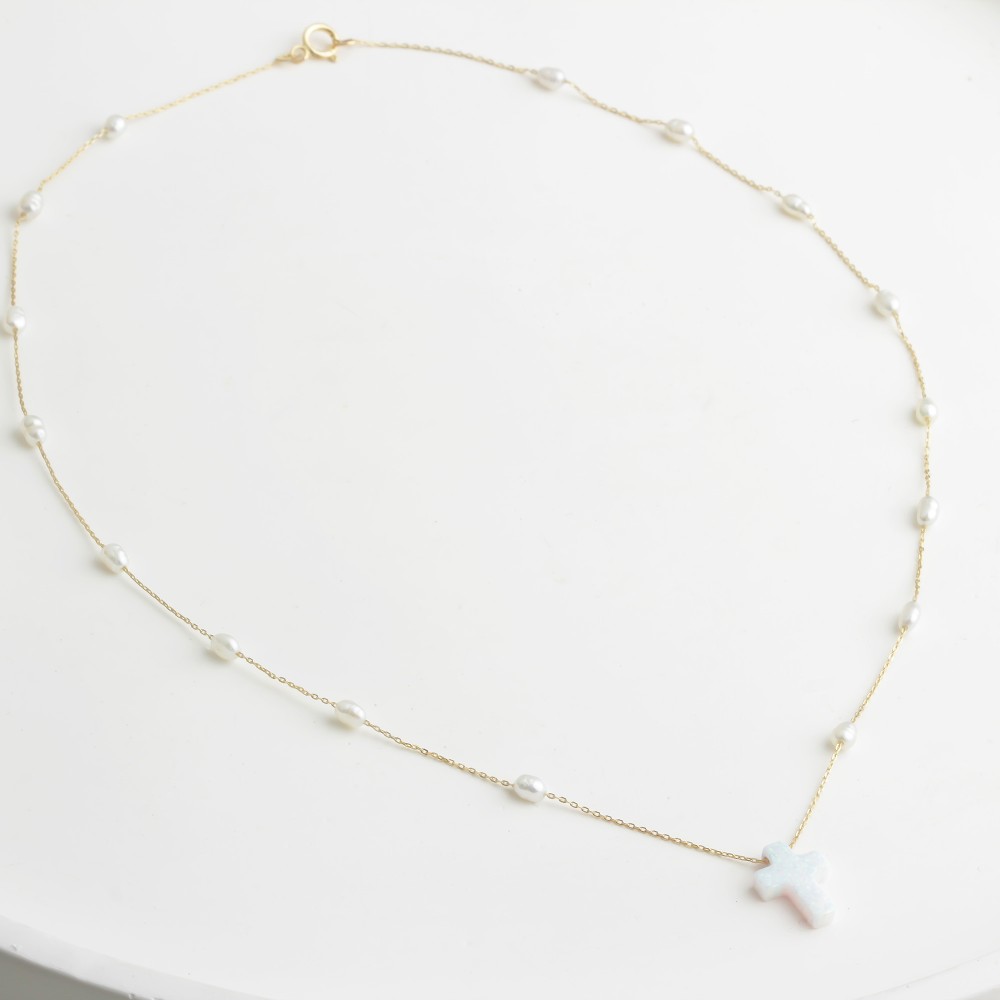 Glorria 14k Solid Gold Opal Cross Pearl Necklace