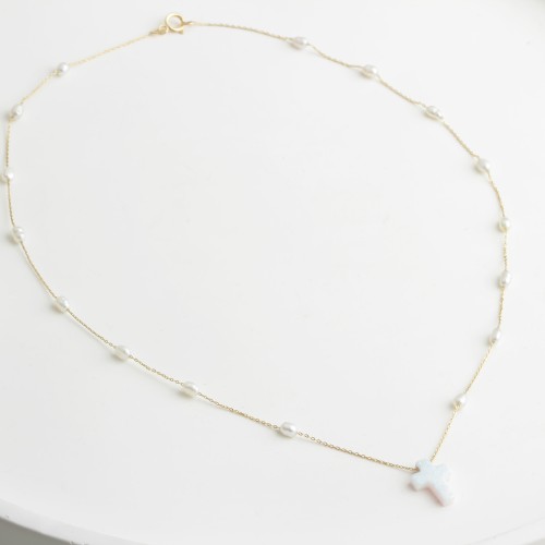 Glorria 14k Solid Gold Opal Cross Pearl Necklace