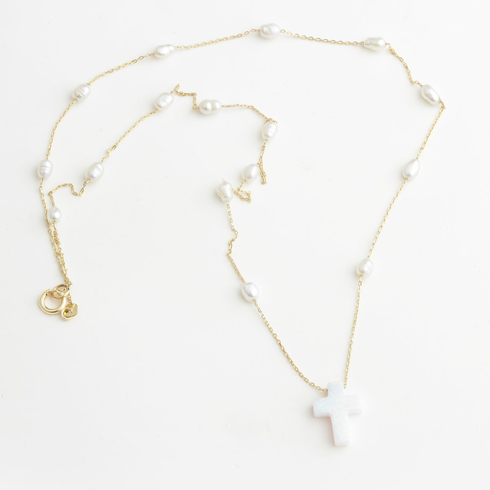 Glorria 14k Solid Gold Opal Cross Pearl Necklace