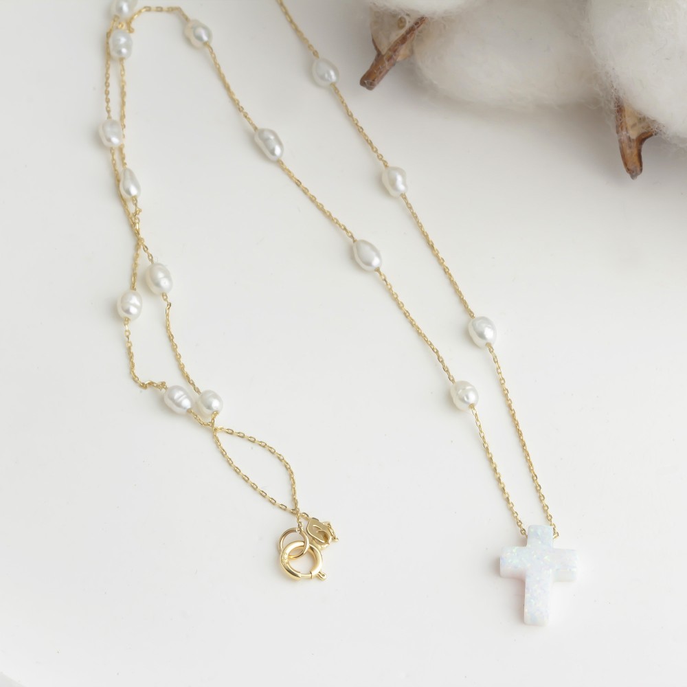 Glorria 14k Solid Gold Opal Cross Pearl Necklace