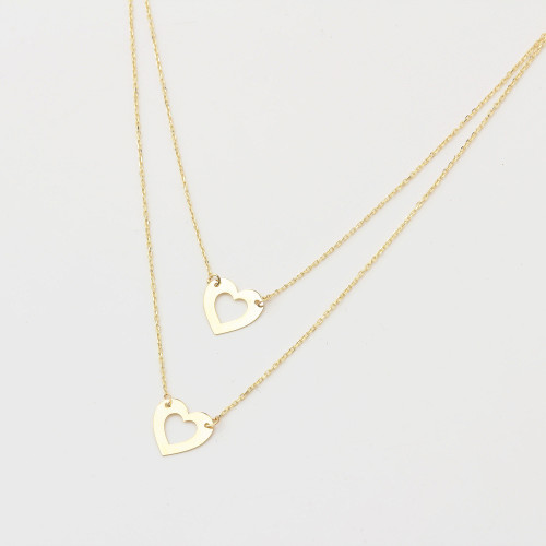 Glorria 14k Solid Gold Twice Heart Necklace
