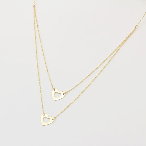 Glorria 14k Solid Gold Twice Heart Necklace