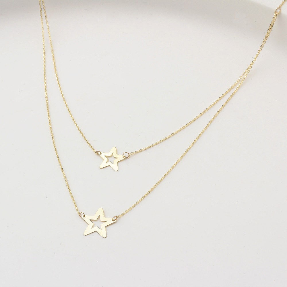 Glorria 14k Solid Gold Twice Star Necklace Glorria 14k Solid Gold Twice Star Necklace