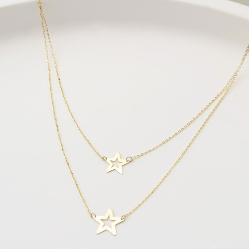 Glorria 14k Solid Gold Twice Star Necklace