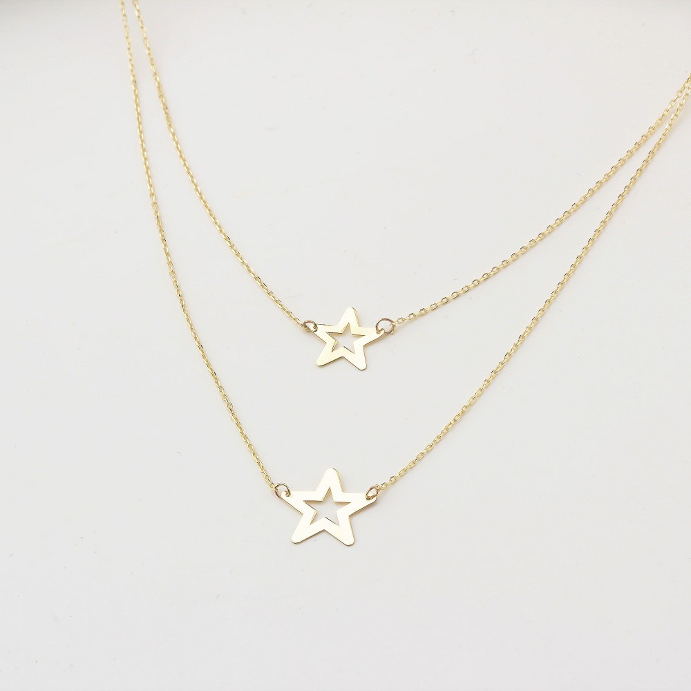 Glorria 14k Solid Gold Twice Star Necklace Glorria 14k Solid Gold Twice Star Necklace