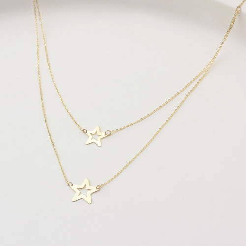 Glorria 14k Solid Gold Twice Star Necklace