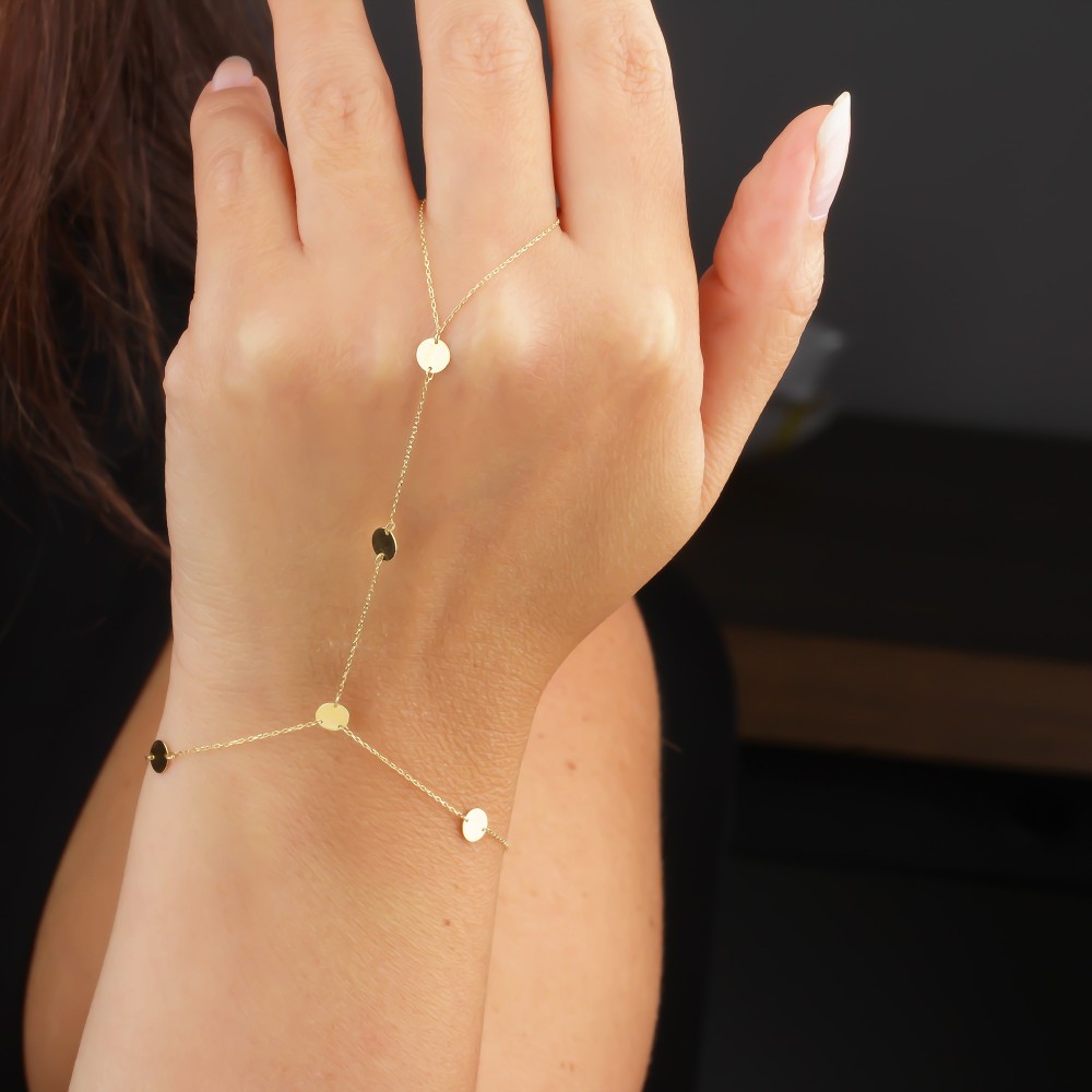 Glorria 14k Solid Gold Round Plate Hand Chain