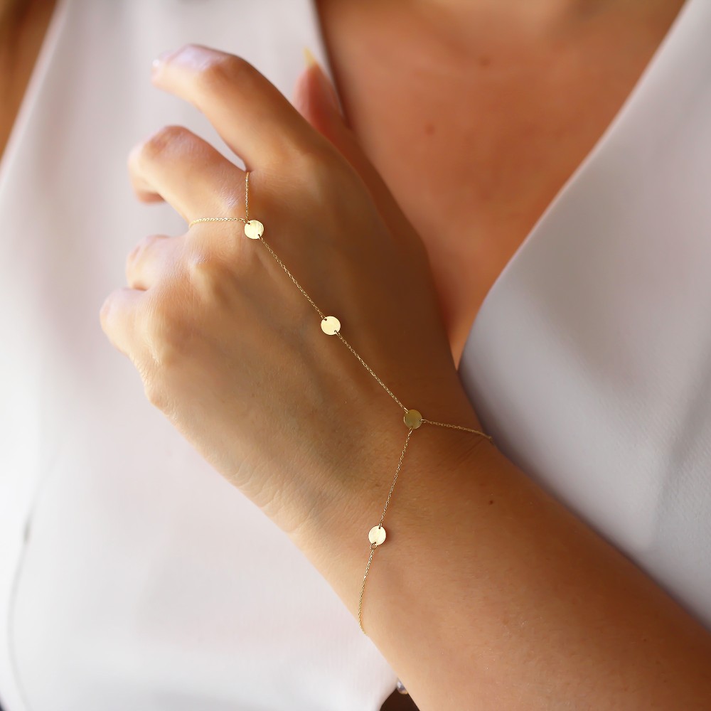 Glorria 14k Solid Gold Round Plate Hand Chain