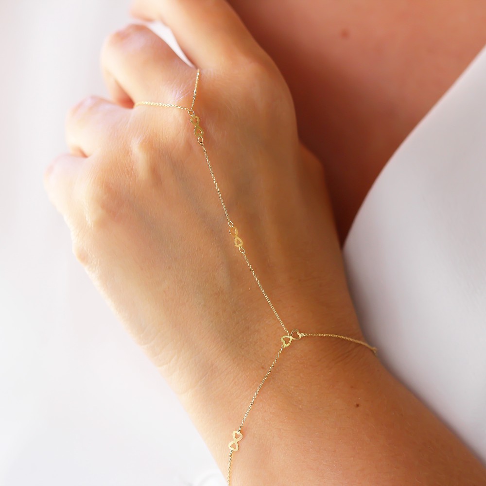 Glorria 14k Solid Gold Infinity with Heart Hand Chain