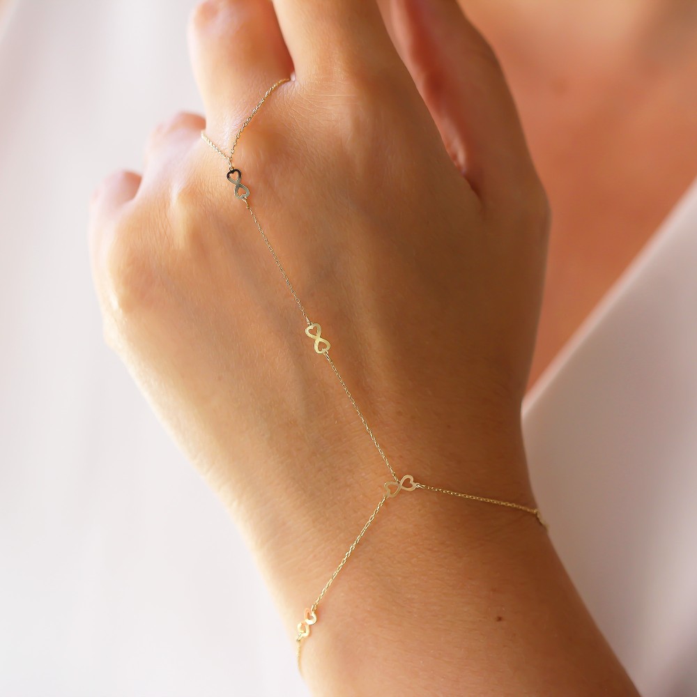 Glorria 14k Solid Gold Infinity with Heart Hand Chain