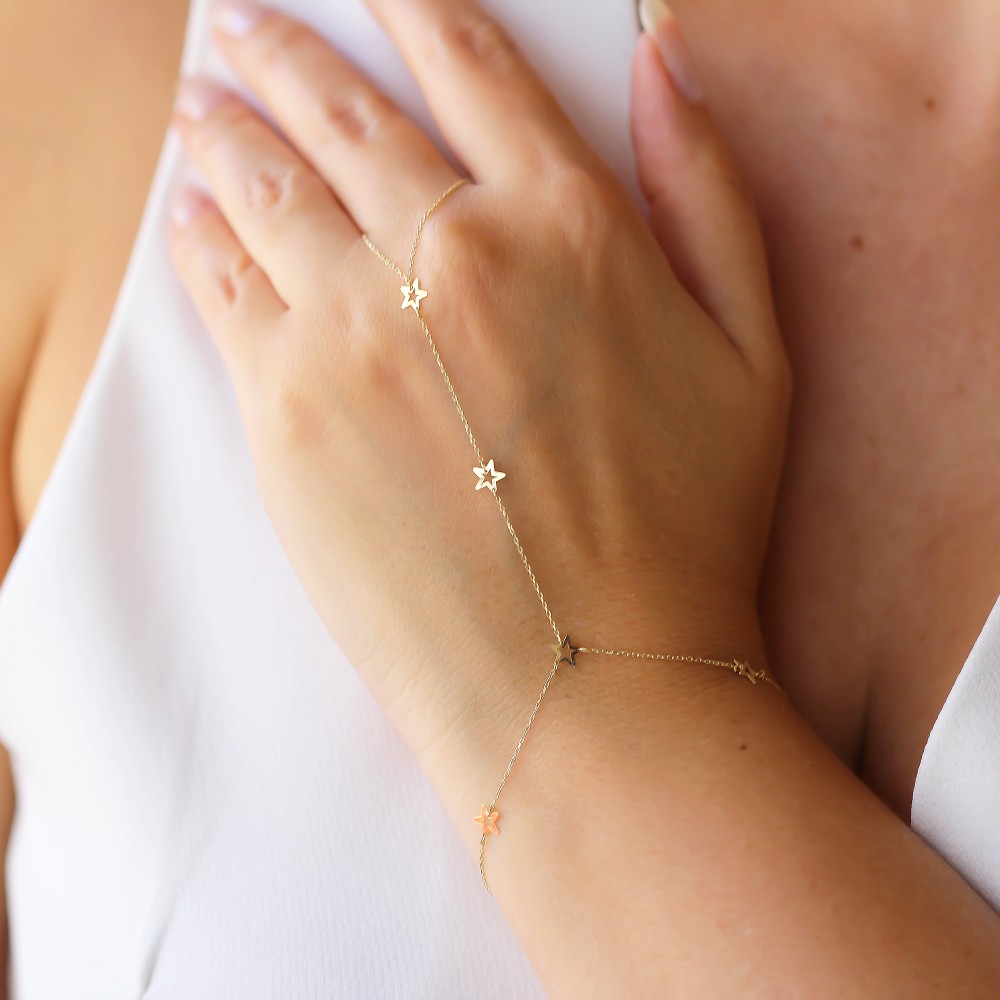Glorria 14k Solid Gold Star Hand Chain