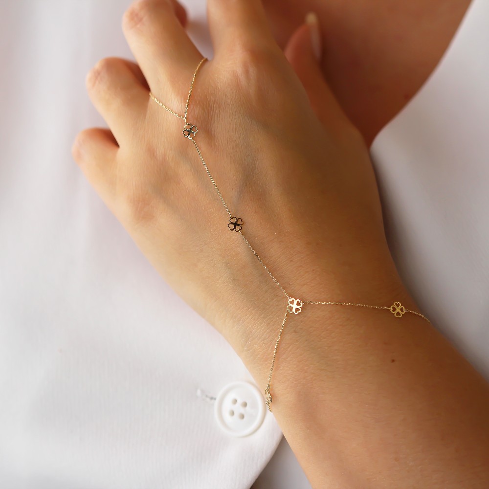 Glorria 14k Solid Gold Clover Hand Chain