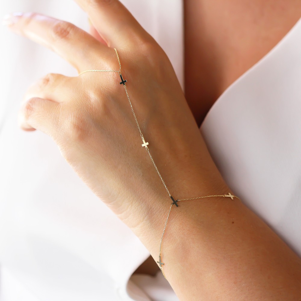 Glorria 14k Solid Gold Cross Hand Chain