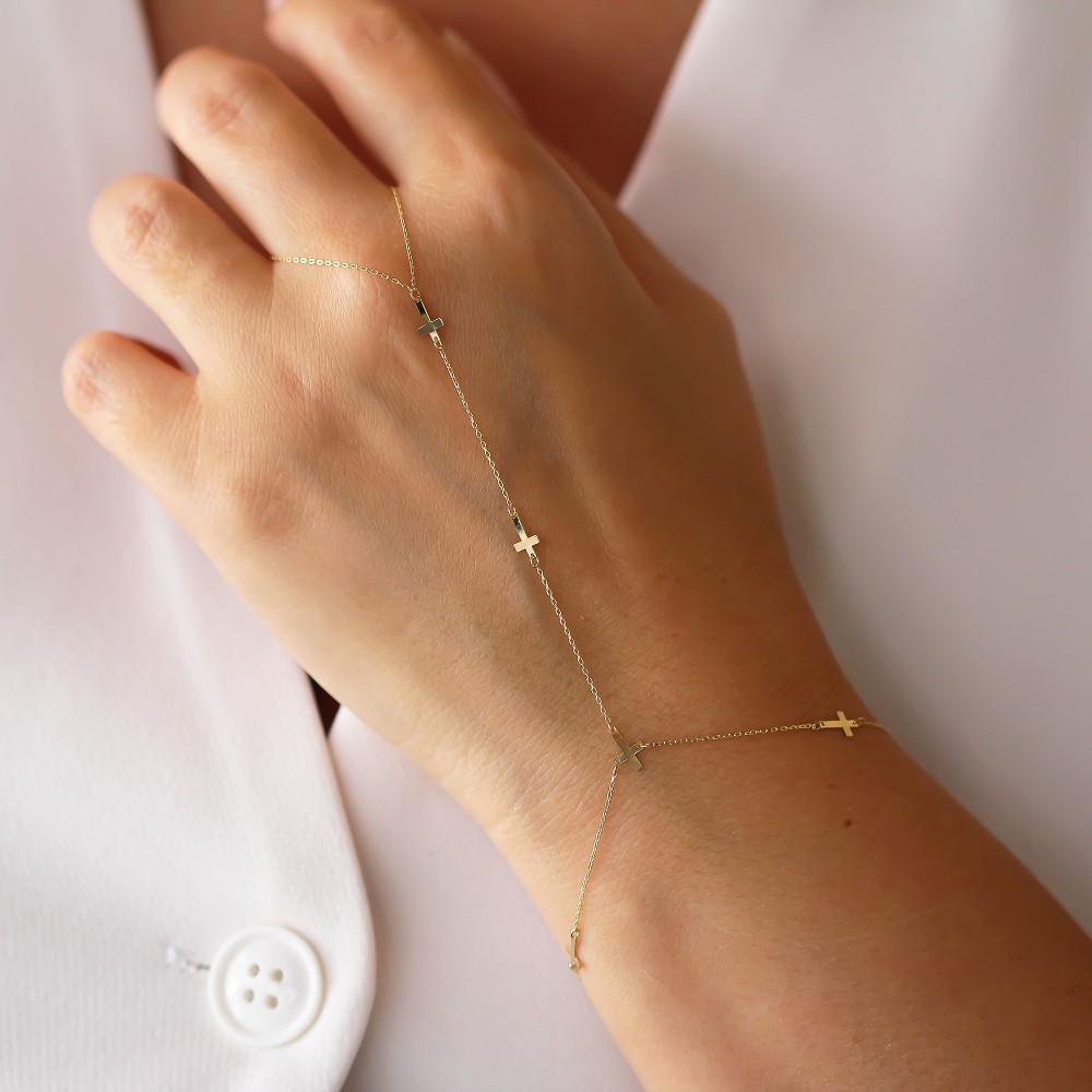 Glorria 14k Solid Gold Cross Hand Chain