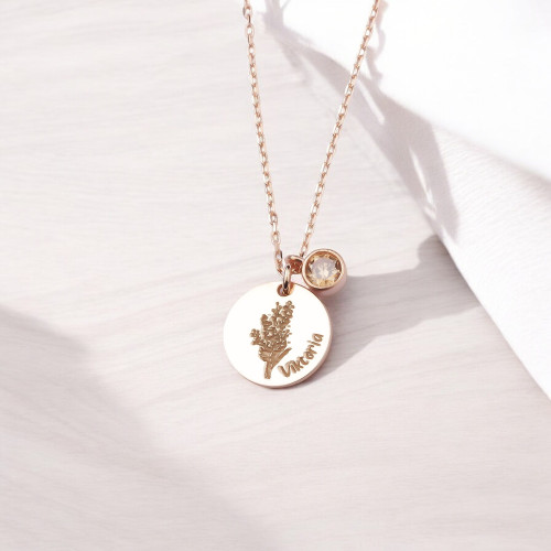 Glorria 925k Sterling Silver Personalized Birth Flower, Birth Stone Necklace Glorria 925k Sterling Silver Personalized Birth Flower, Birth Stone Necklace