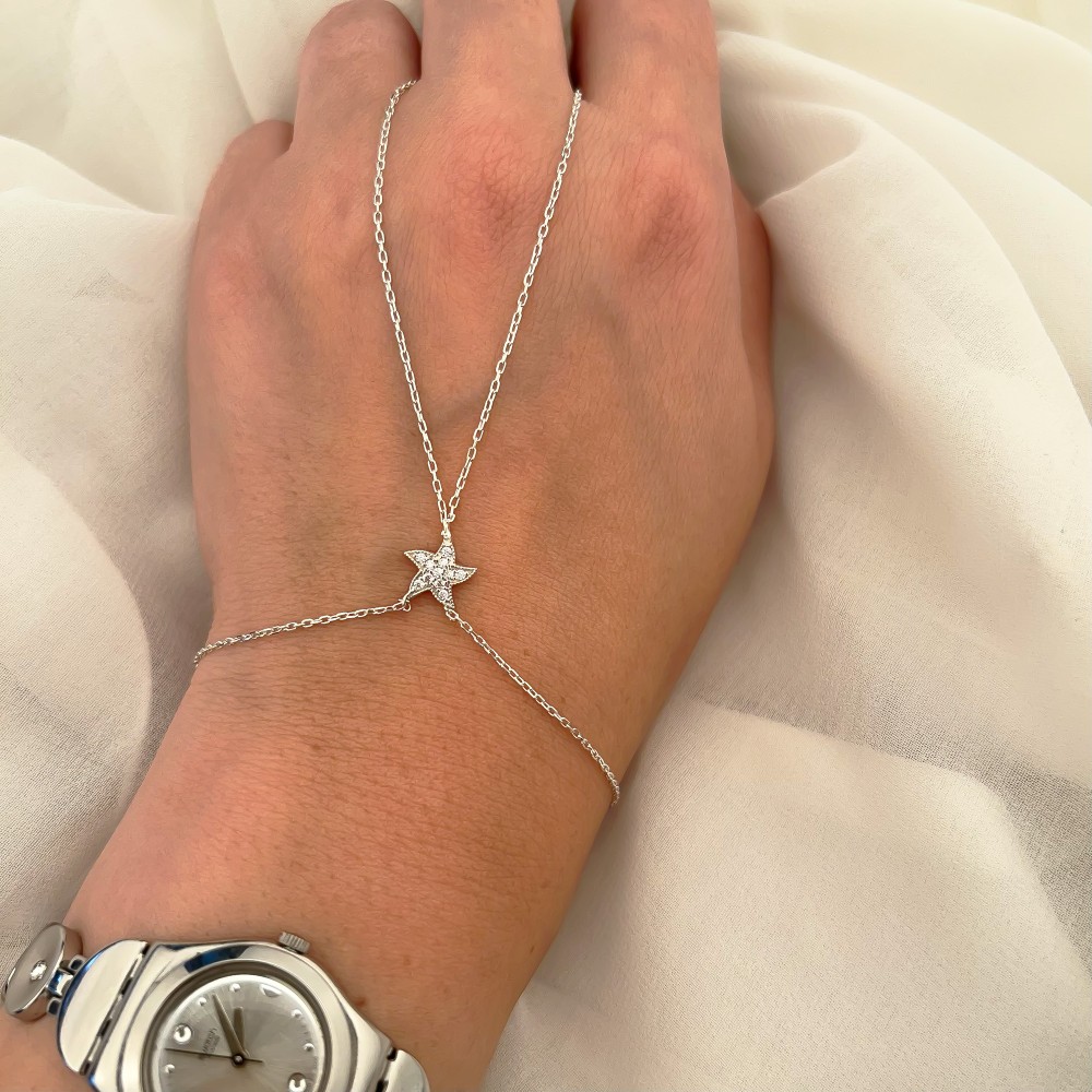 Glorria Sterling Silver Starfish Hand Chain Bracelet