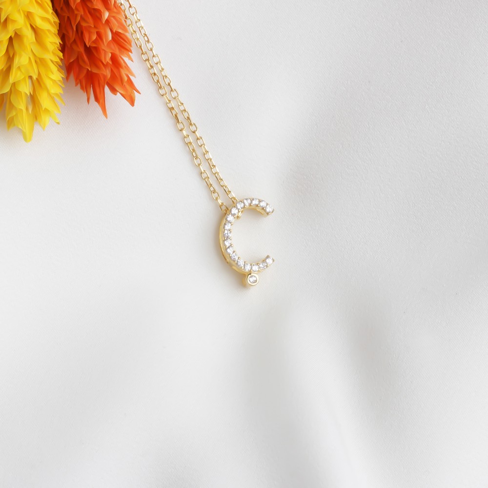 Glorria 925k Sterling Silver Pave Letter Ç Necklace