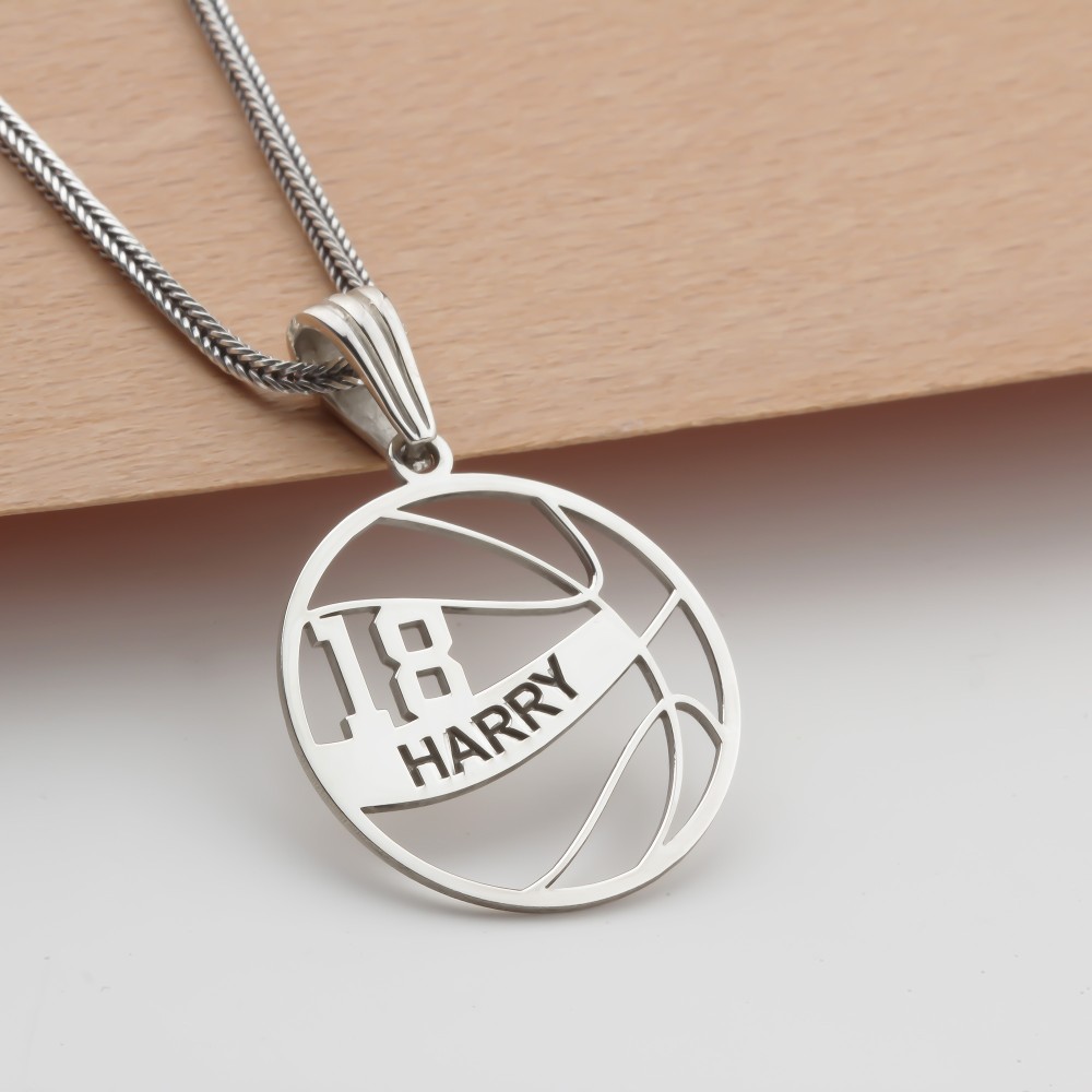 Glorria 925k Sterling Silver Personalized Name and Number Basketball Necklace