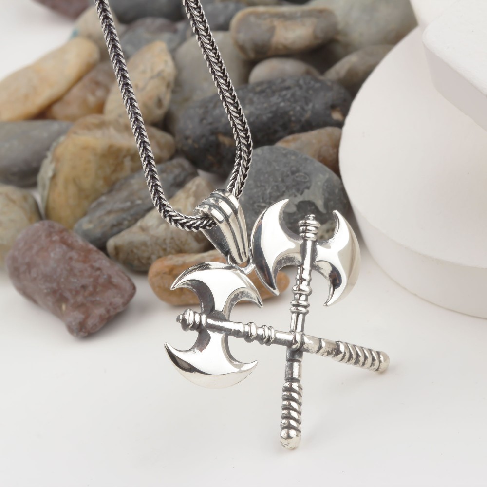 Glorria Sterling Silver Viking Double Axe Necklace