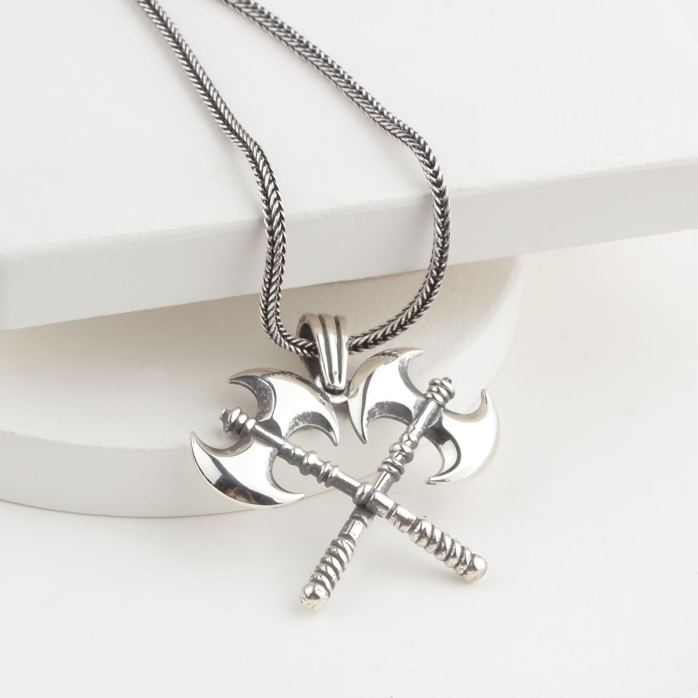 Glorria Sterling Silver Viking Double Axe Necklace