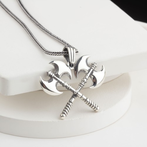 Glorria Sterling Silver Viking Double Axe Necklace