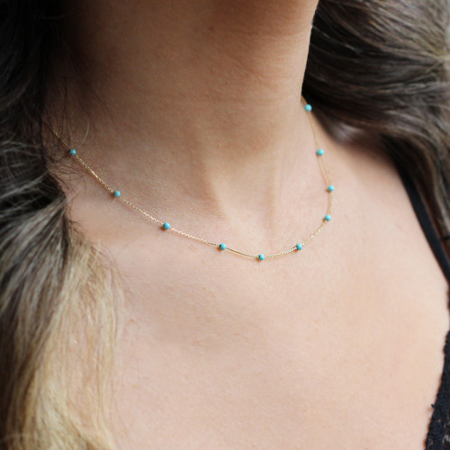 Glorria 14k Solid Gold Turquoise Pave Row Necklace Glorria 14k Solid Gold Turquoise Pave Row Necklace