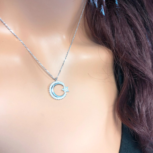 Glorria 925k Sterling Silver Pave Star and Crescent Necklace Glorria 925k Sterling Silver Pave Star and Crescent Necklace