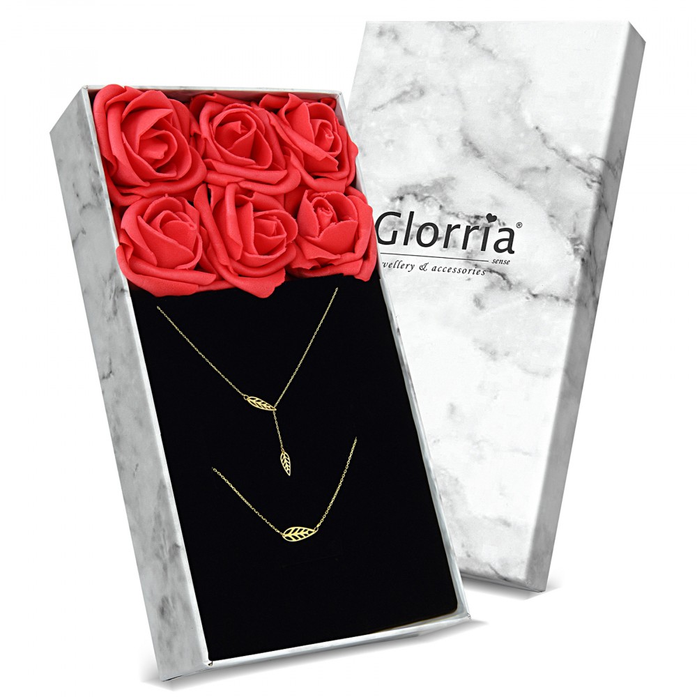 Glorria 14k Solid Gold Leaf Necklace, Bracelet, Flower Gift Set