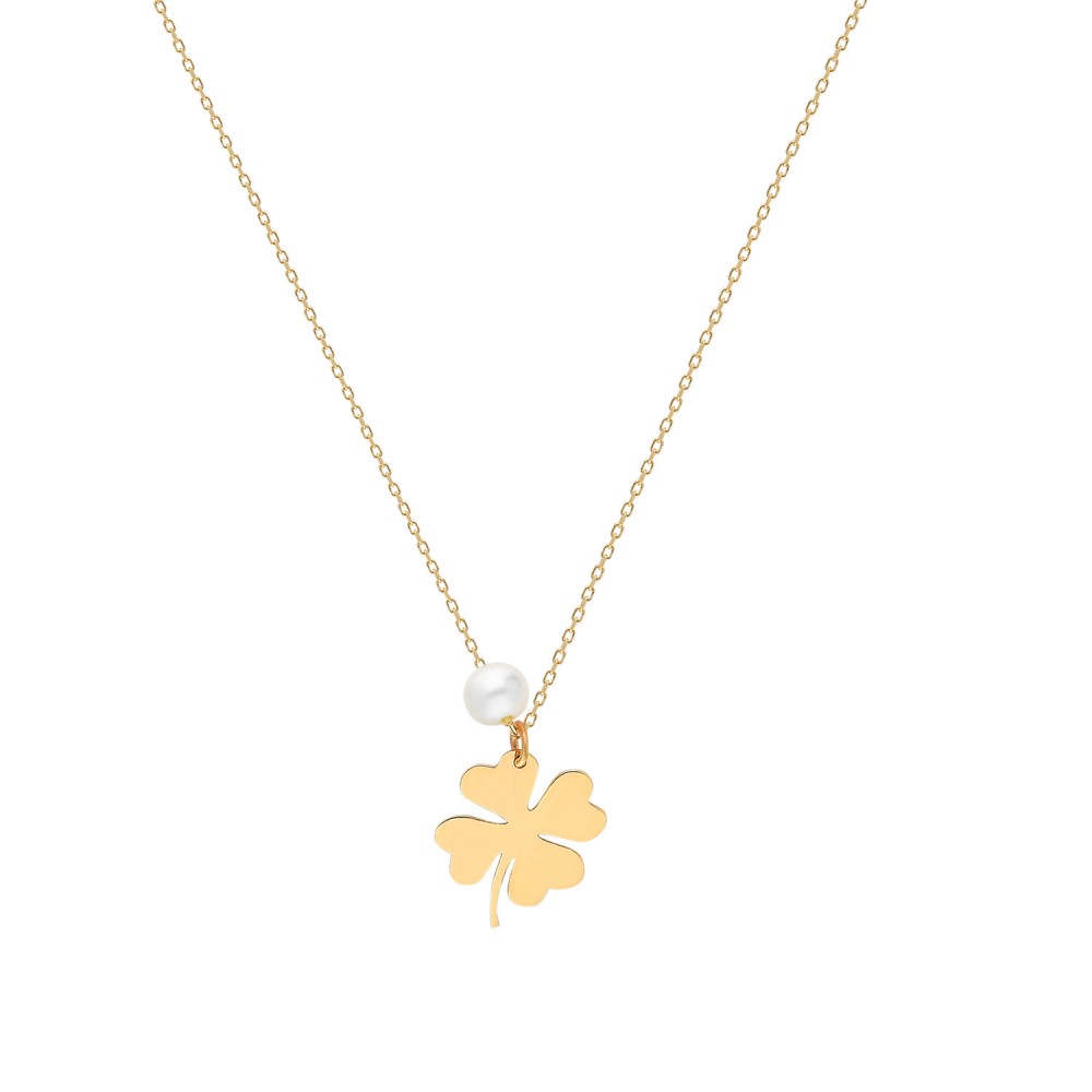 Glorria 14k Solid Gold Pearl Clover Necklace