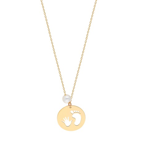Glorria 14k Solid Gold Pearl Hand-Footprint Necklace Glorria 14k Solid Gold Pearl Hand-Footprint Necklace