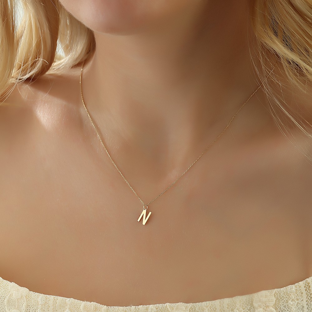 Glorria 14k Solid Gold Letter N Necklace